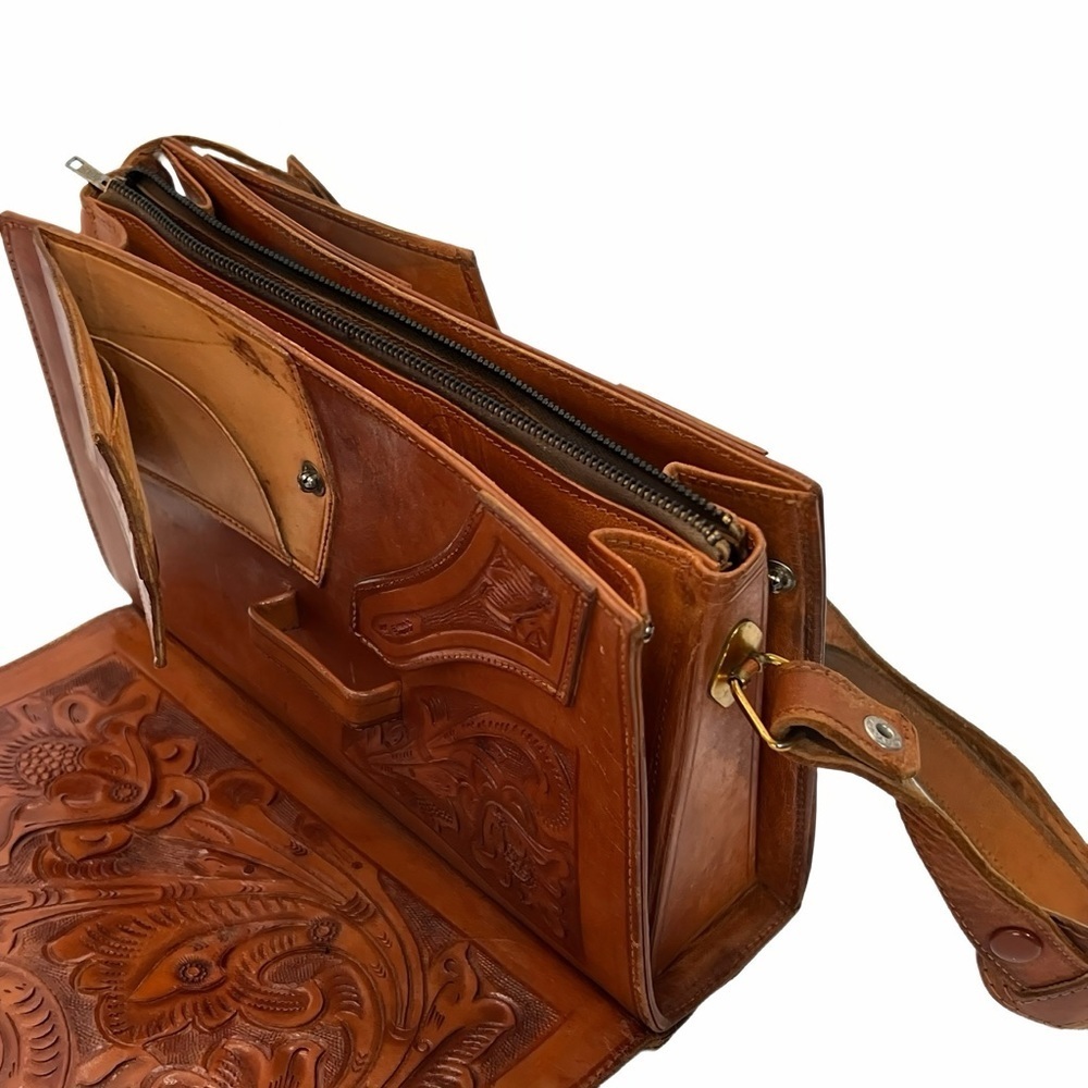Vintage Mexican Tooled Leather Organizer Crossbody Boho Western Floral Purse Bag - Picture 7 of 13